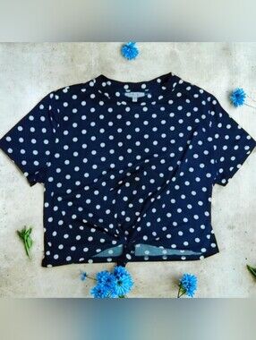 IRIS Navy Blue Polka Dot Front Knot Crop Top L